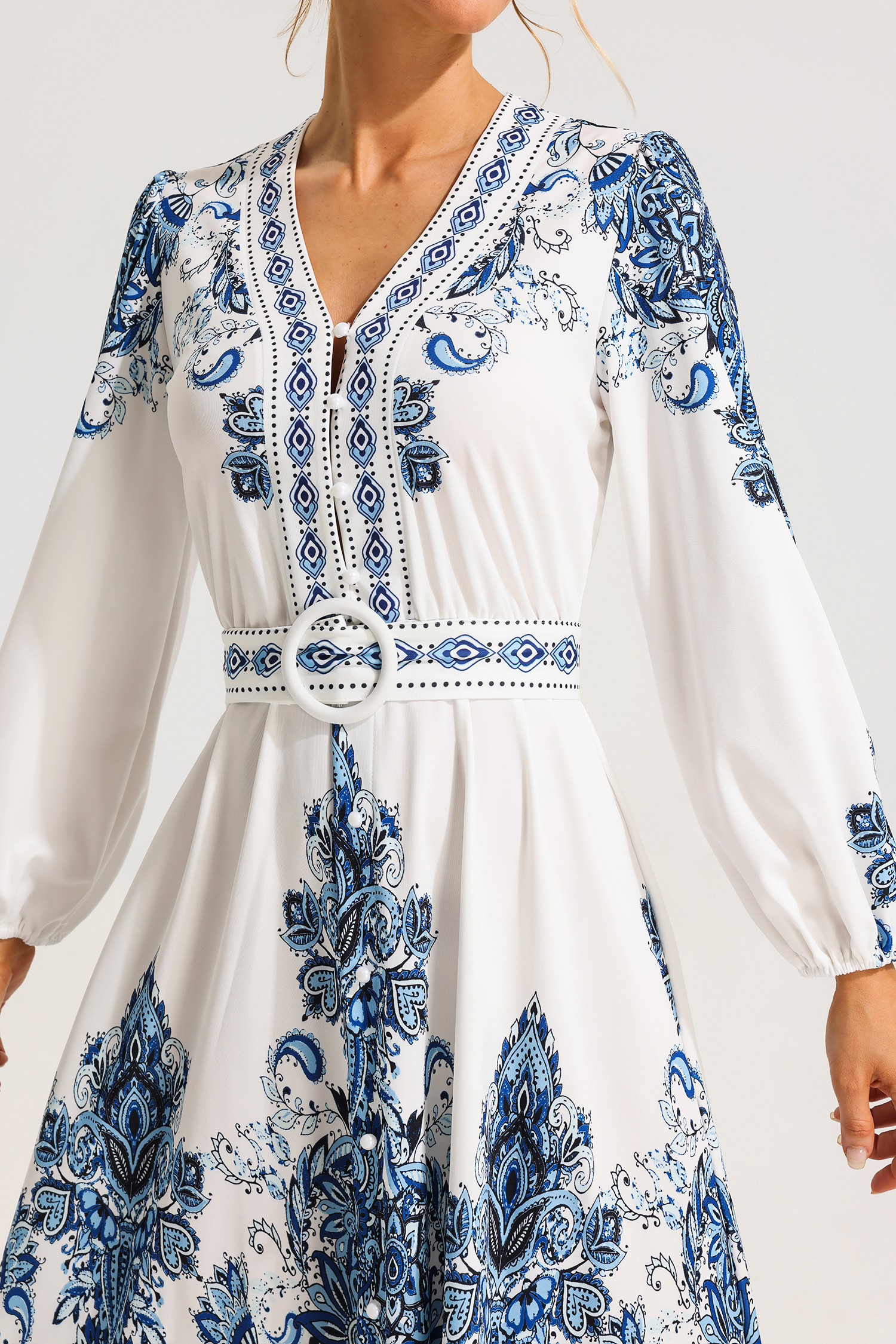 [Copy]Paisley Single Breasted Long Sleeve Mini Dress With Belt