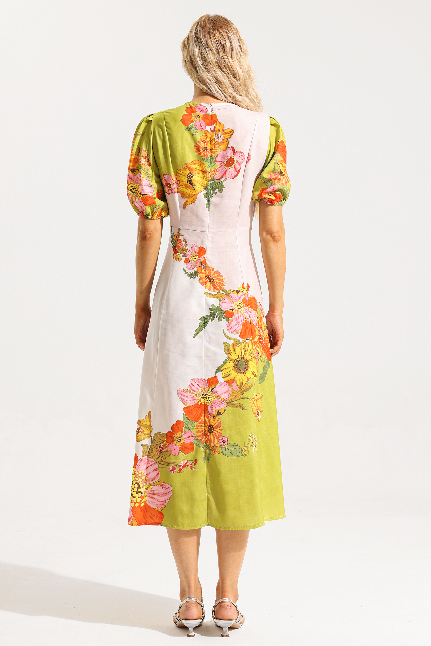 Floral Puff Sleeve Round Neckline Midi Dress