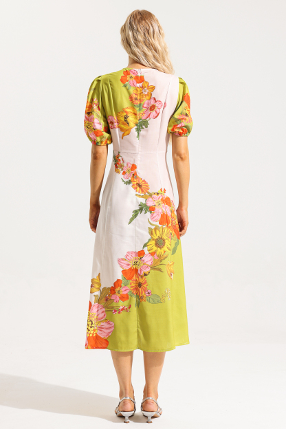 Floral Puff Sleeve Round Neckline Midi Dress