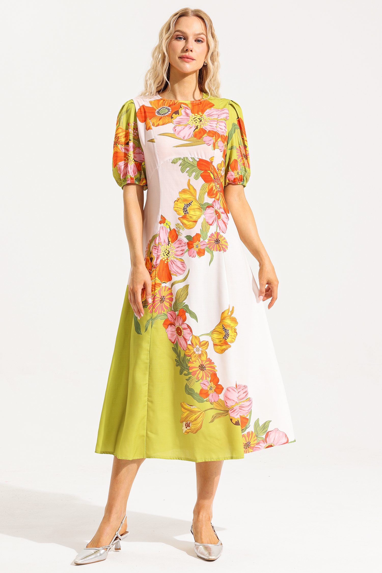 Floral Puff Sleeve Round Neckline Midi Dress
