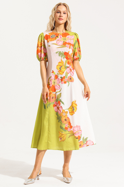 Floral Puff Sleeve Round Neckline Midi Dress