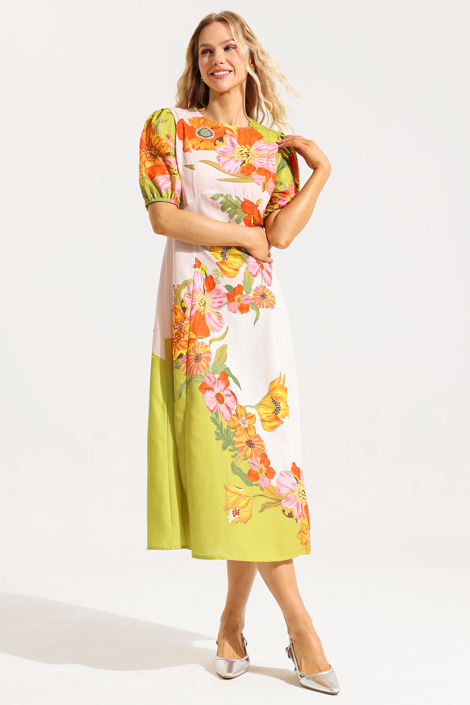 Floral Puff Sleeve Round Neckline Midi Dress