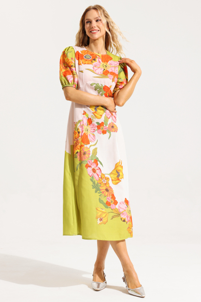 Floral Puff Sleeve Round Neckline Midi Dress