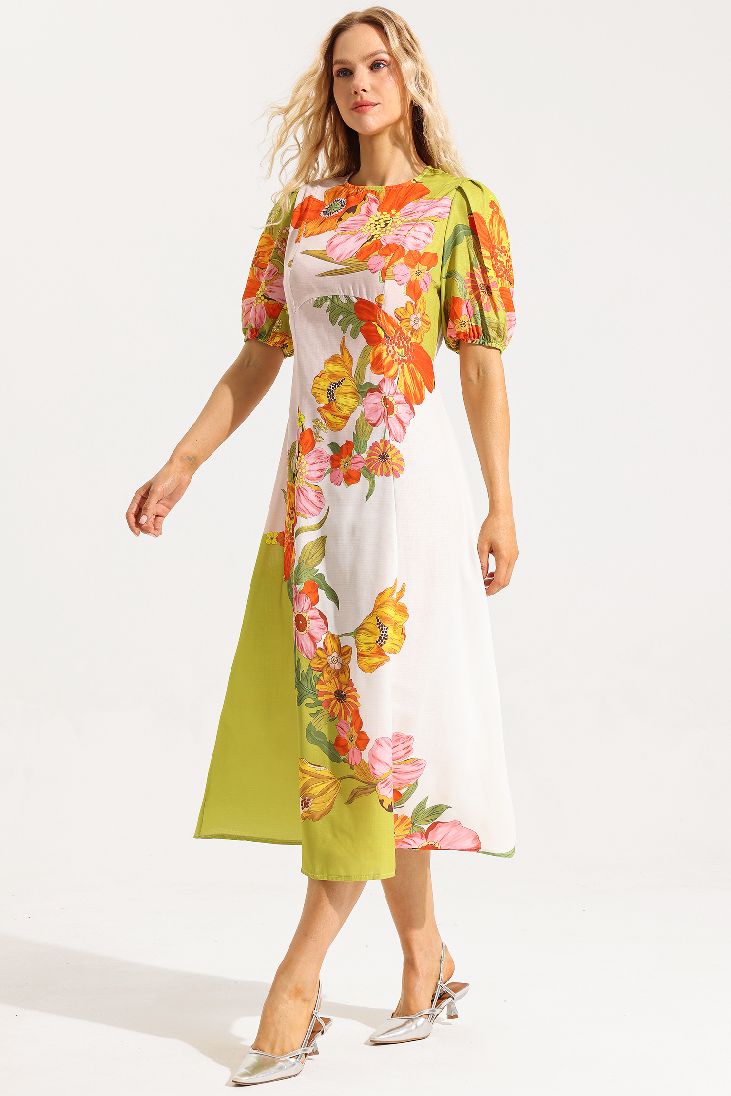 Floral Puff Sleeve Round Neckline Midi Dress
