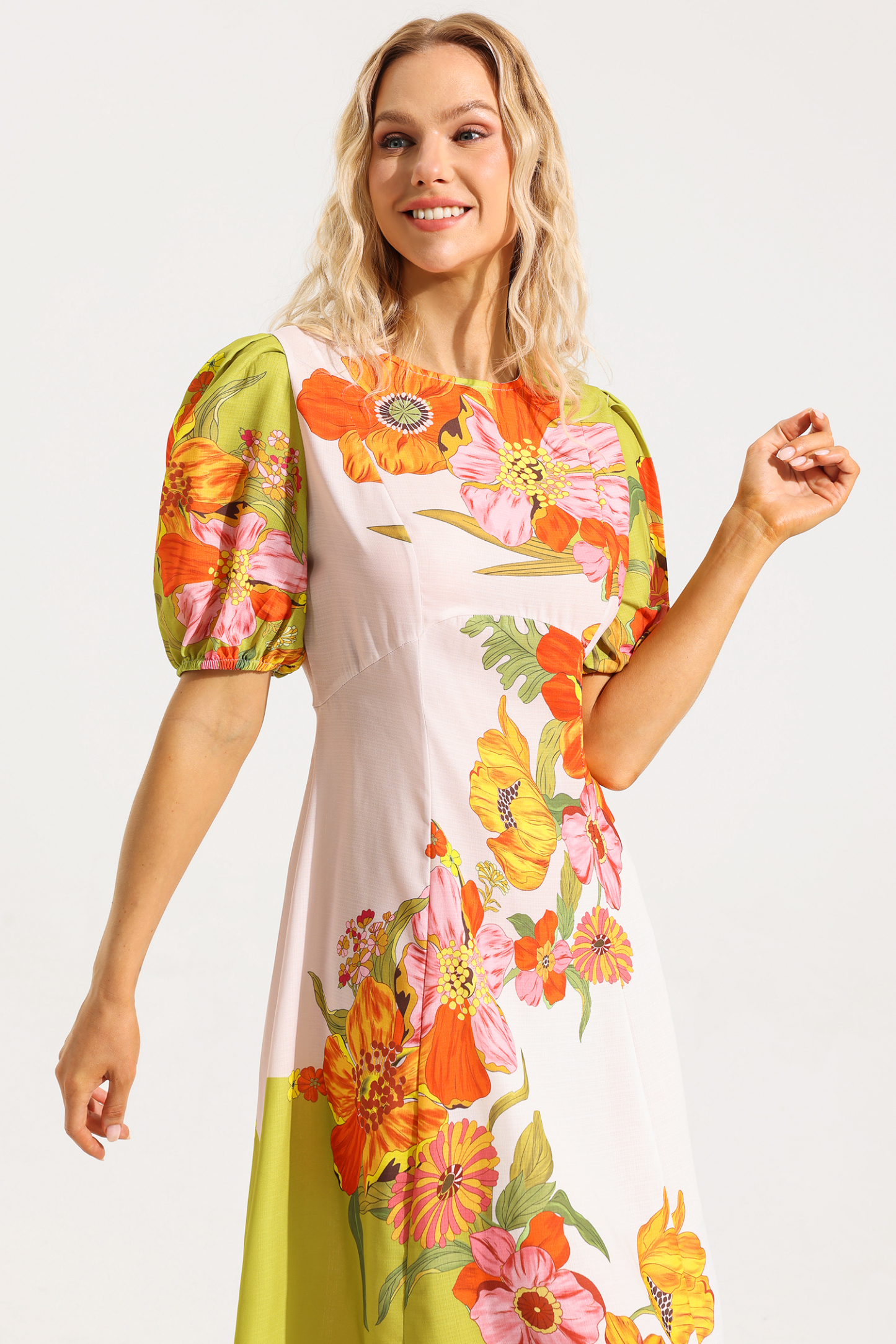 Floral Puff Sleeve Round Neckline Midi Dress
