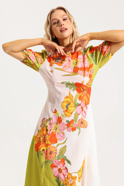 Floral Puff Sleeve Round Neckline Midi Dress