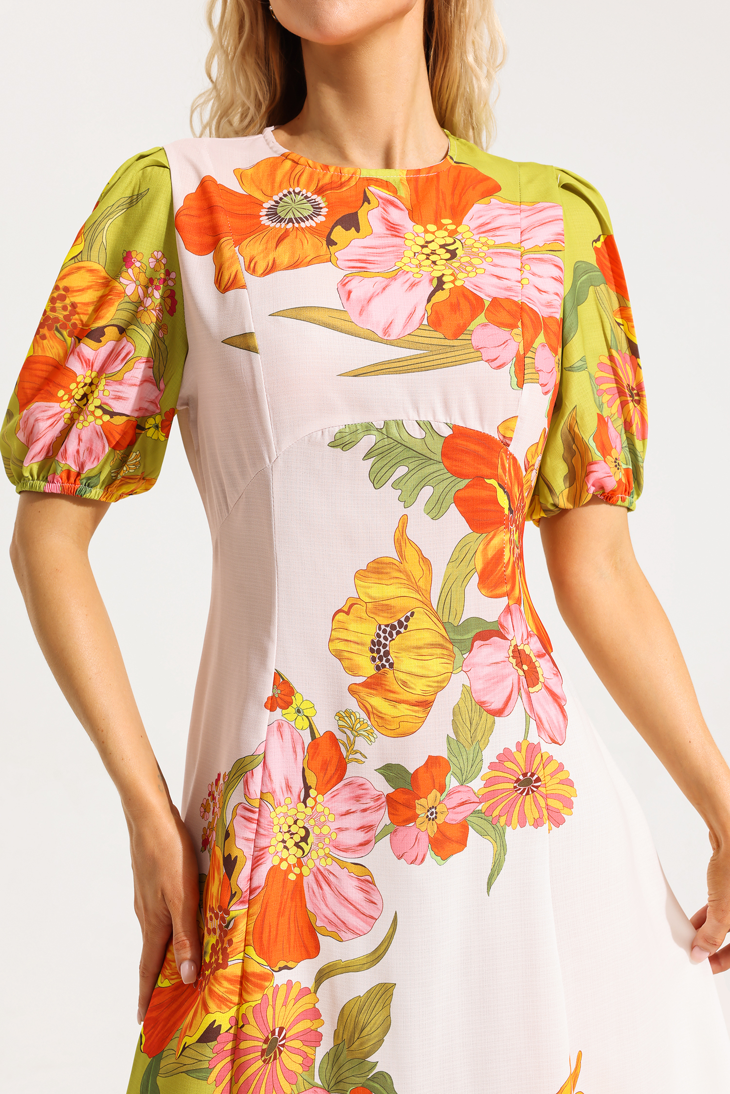 Floral Puff Sleeve Round Neckline Midi Dress