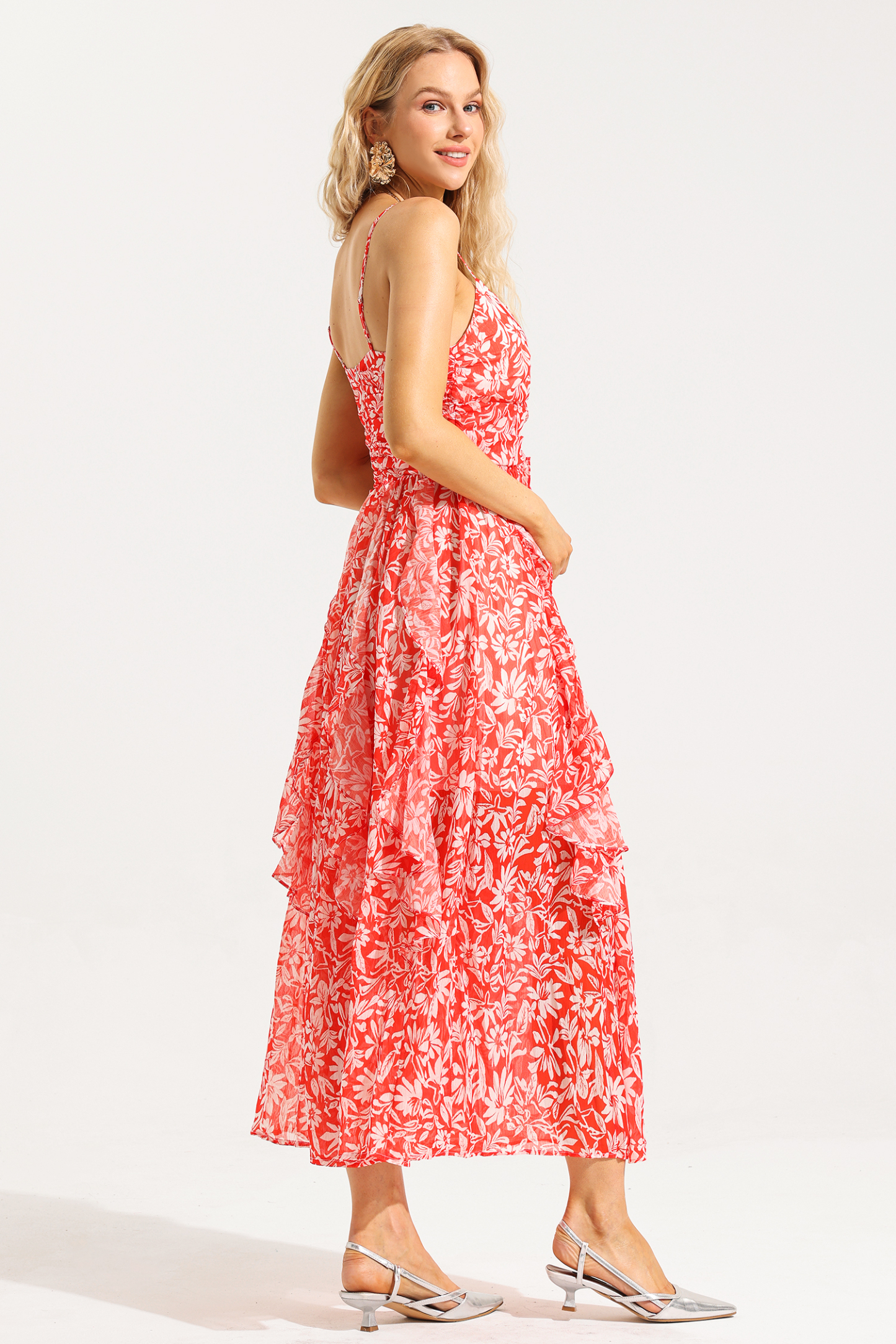 Floral Ruched Ruffle Cami Maxi Dress