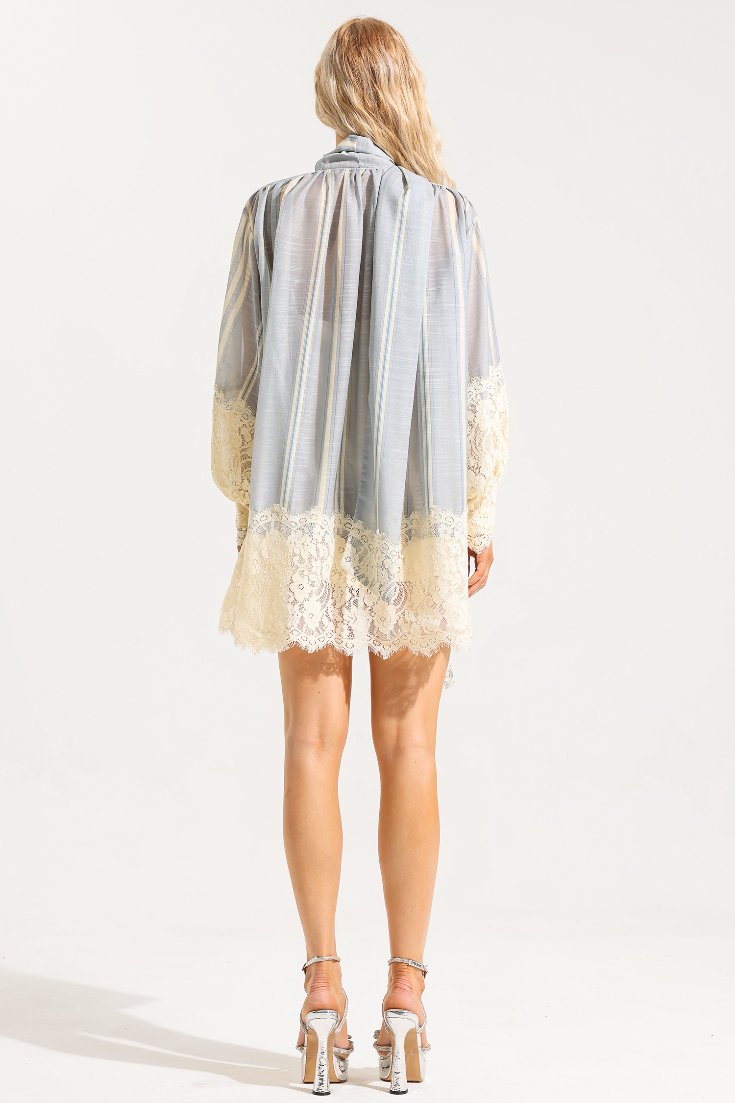 Lace Stripe Lantern Sleeve Mini Dress