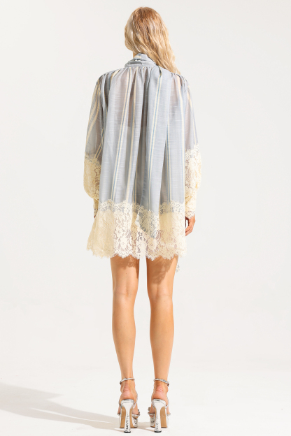 Lace Stripe Lantern Sleeve Mini Dress