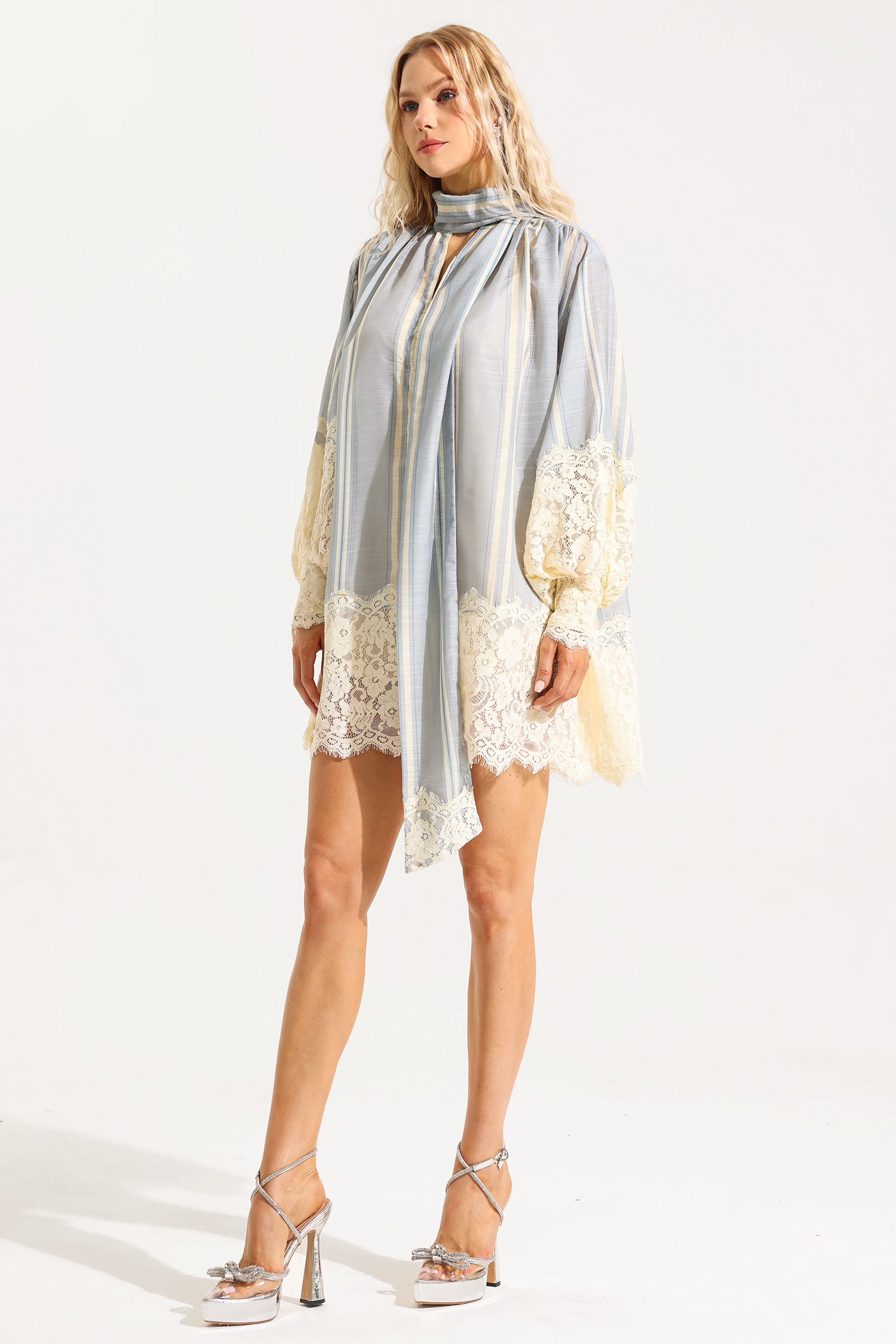 Lace Stripe Lantern Sleeve Mini Dress