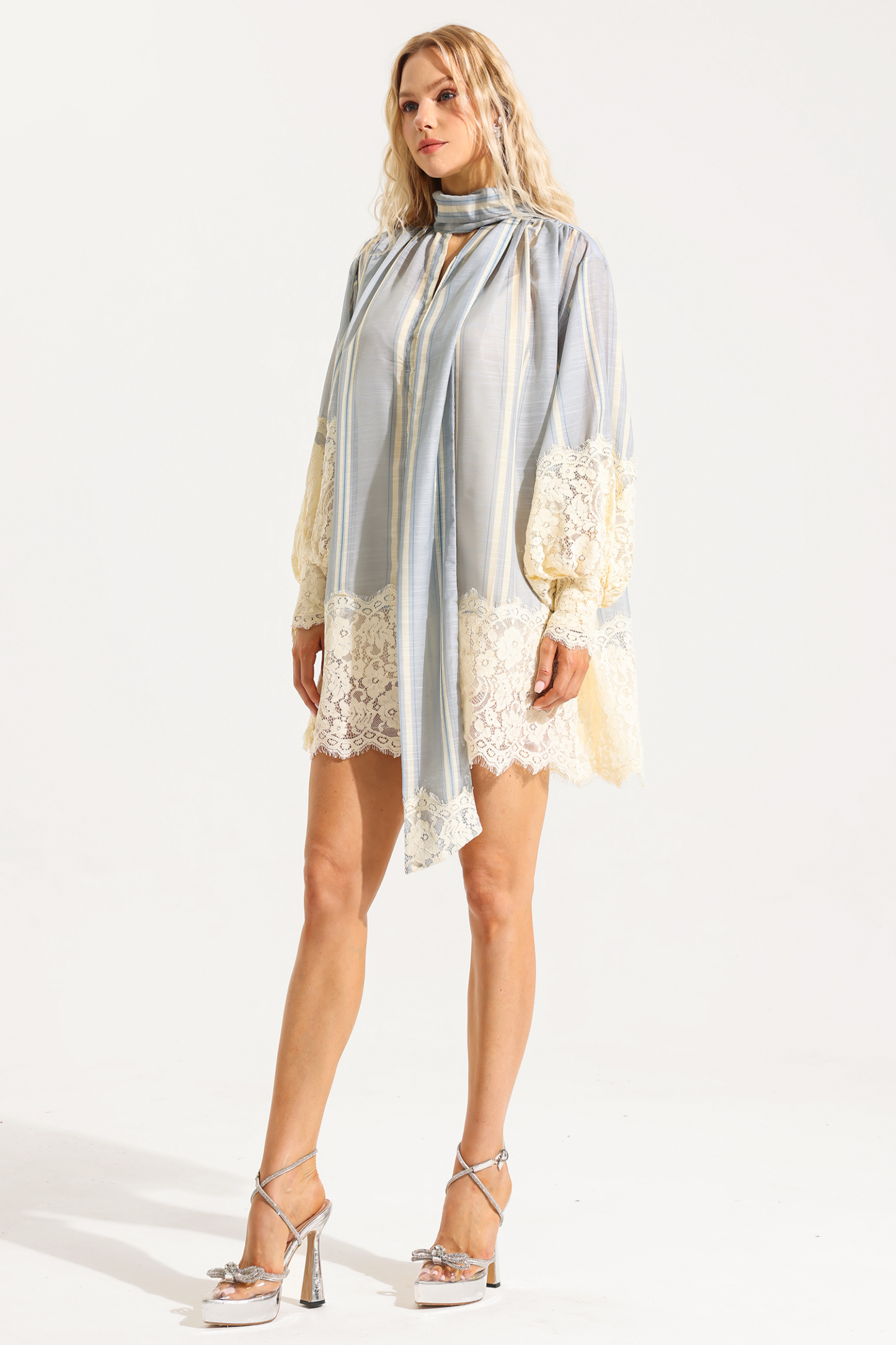 Lace Stripe Lantern Sleeve Mini Dress