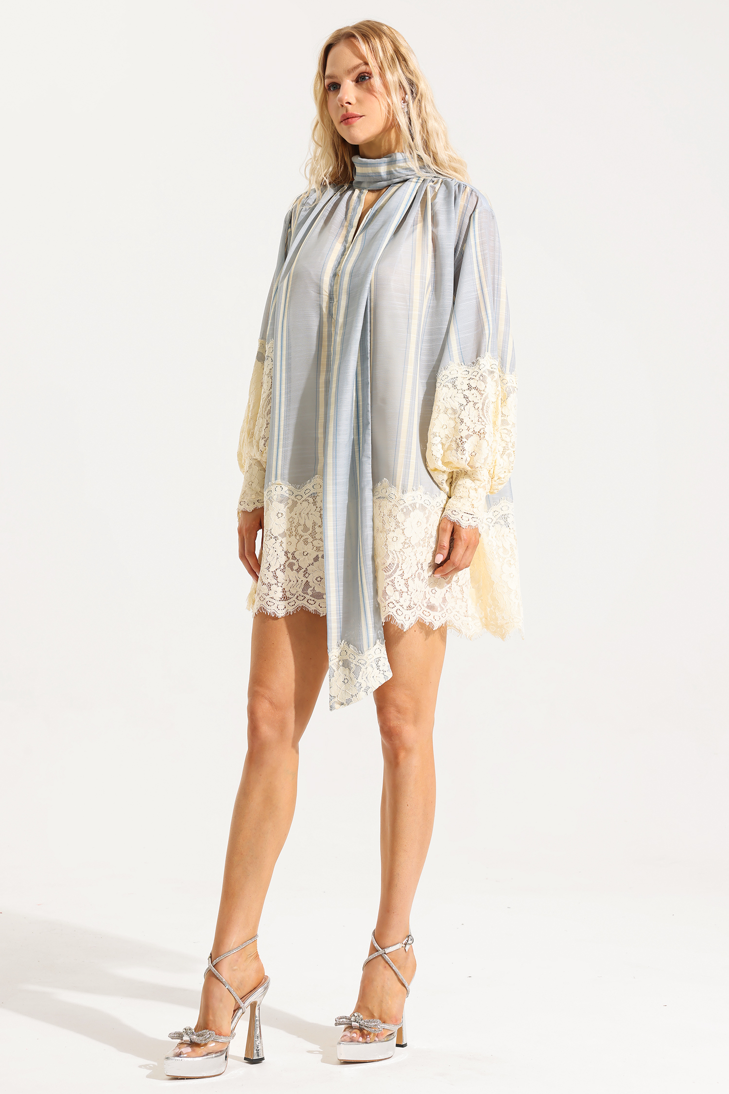 Lace Stripe Lantern Sleeve Mini Dress