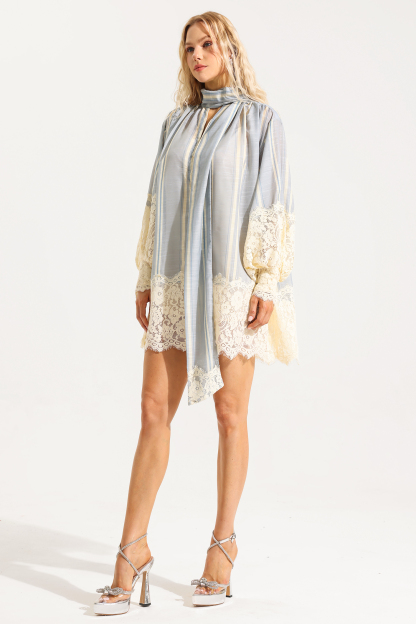 Lace Stripe Lantern Sleeve Mini Dress