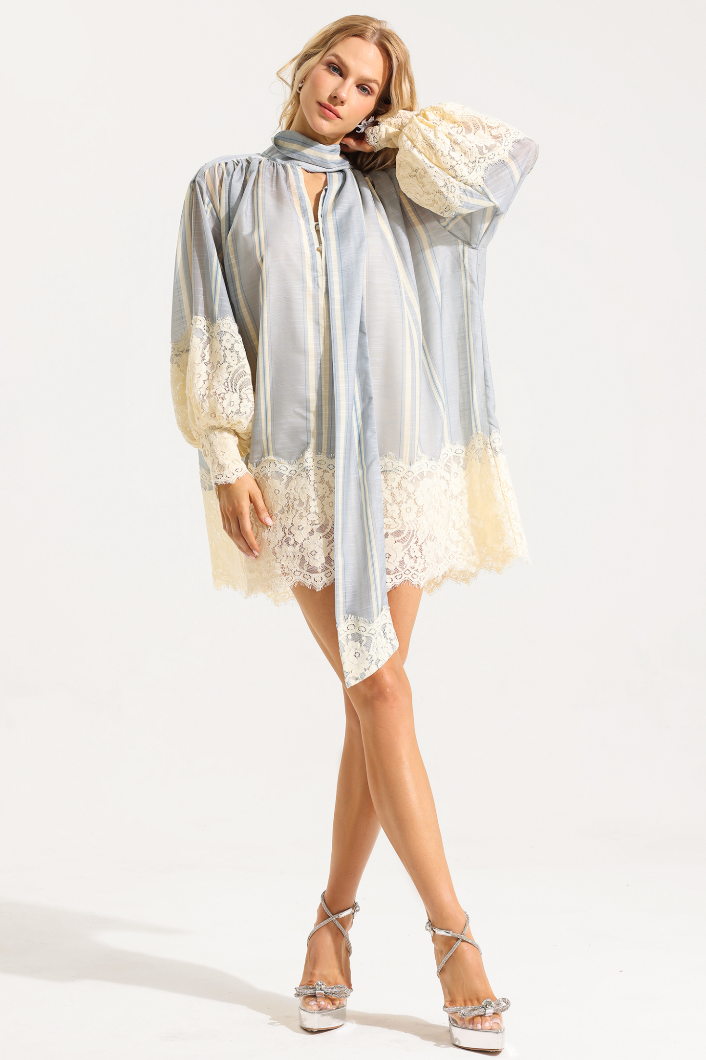 Lace Stripe Lantern Sleeve Mini Dress