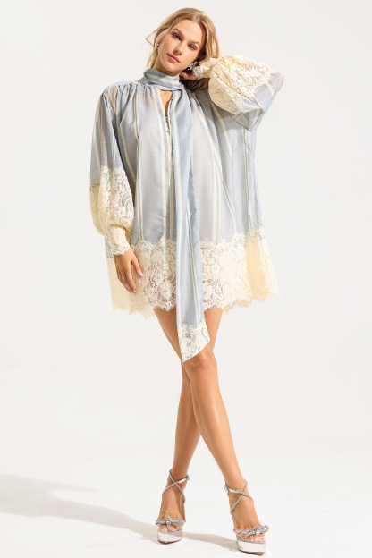 Lace Stripe Lantern Sleeve Mini Dress