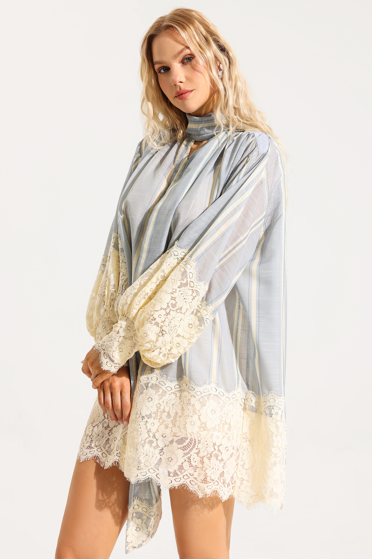 Lace Stripe Lantern Sleeve Mini Dress