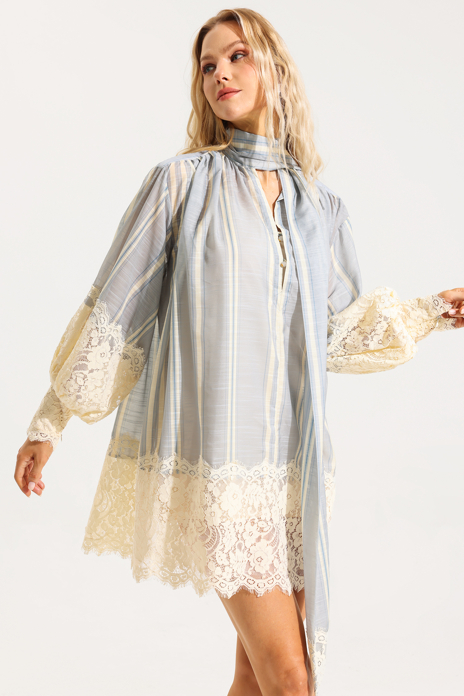 Lace Stripe Lantern Sleeve Mini Dress