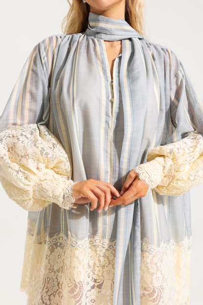 Lace Stripe Lantern Sleeve Mini Dress