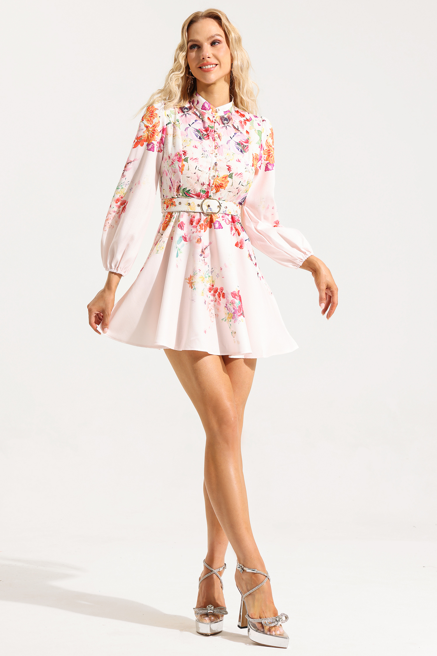 Floral Button Long Sleeve Mini Dress