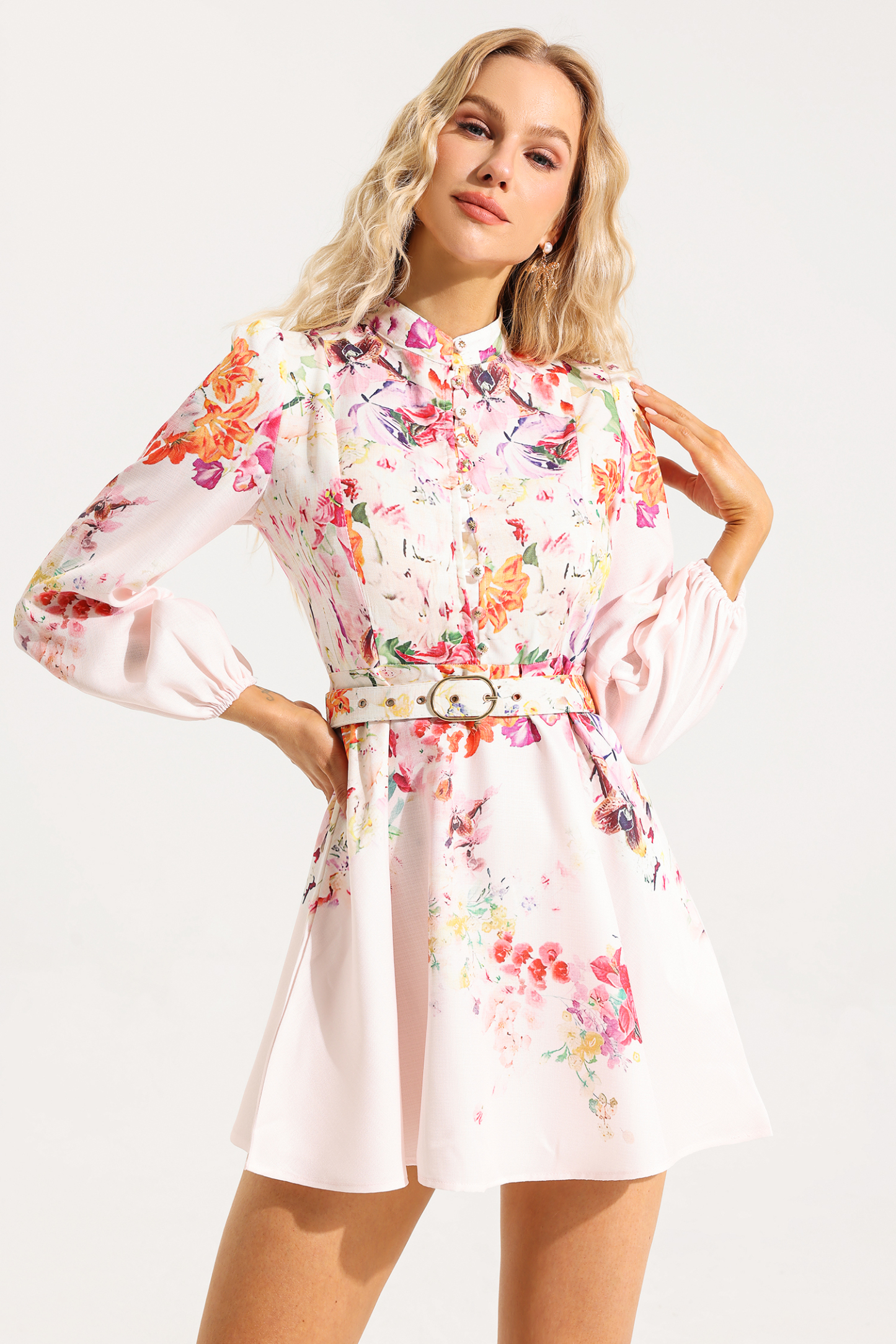 Floral Button Long Sleeve Mini Dress