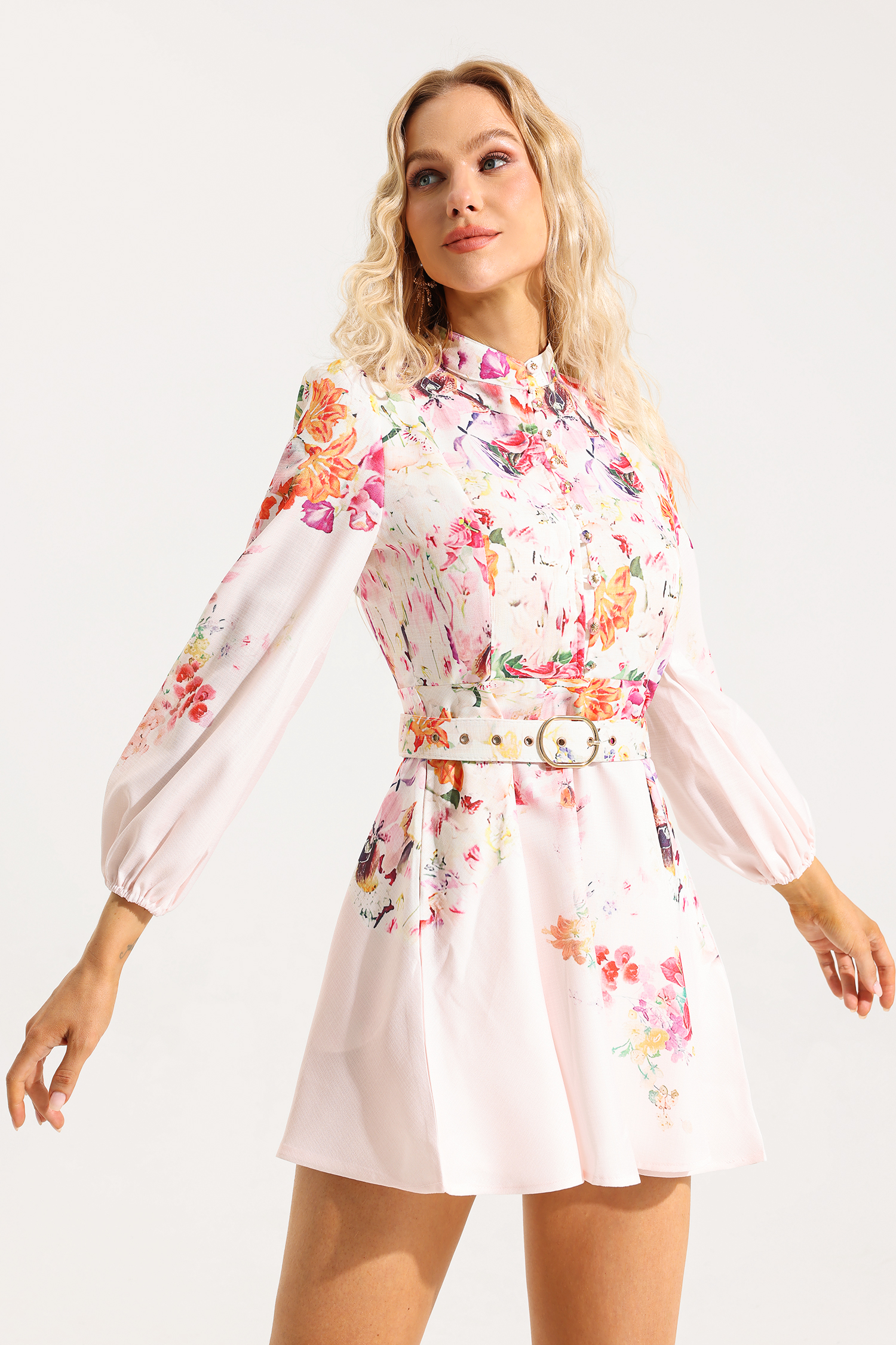 Floral Button Long Sleeve Mini Dress