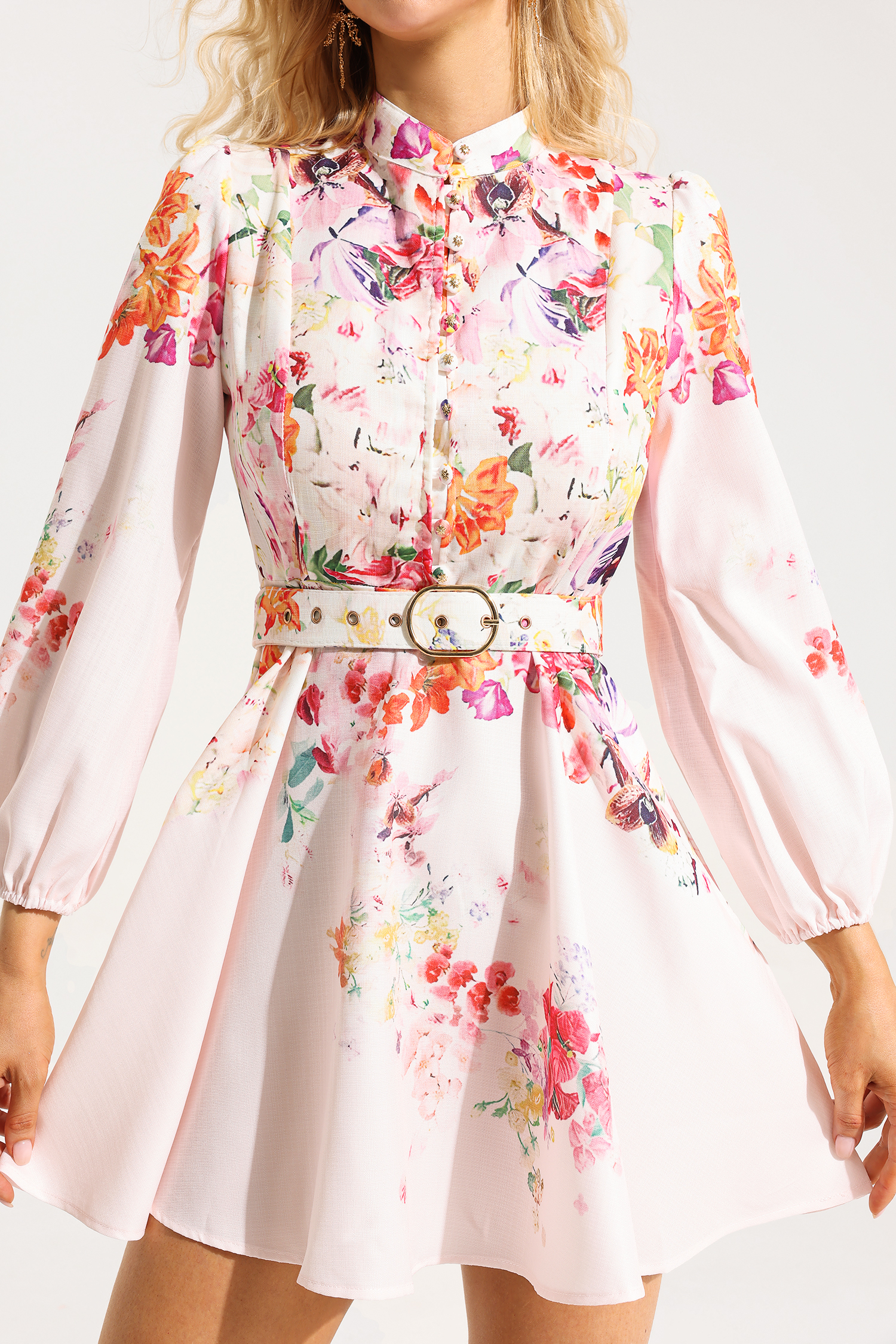 Floral Button Long Sleeve Mini Dress
