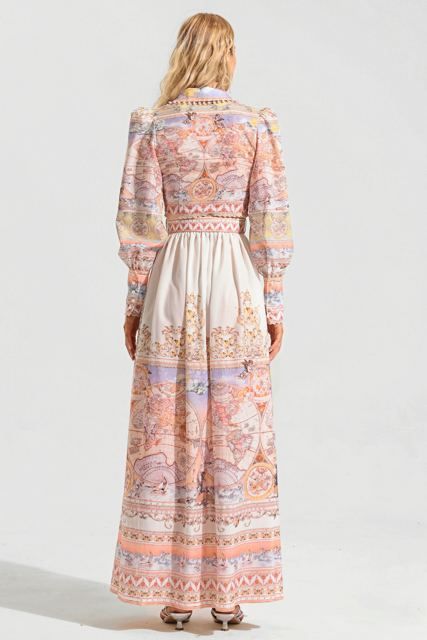 Map Print Lace Puff Sleeve Mini Top ＆ High Waist Maxi Skirt Set