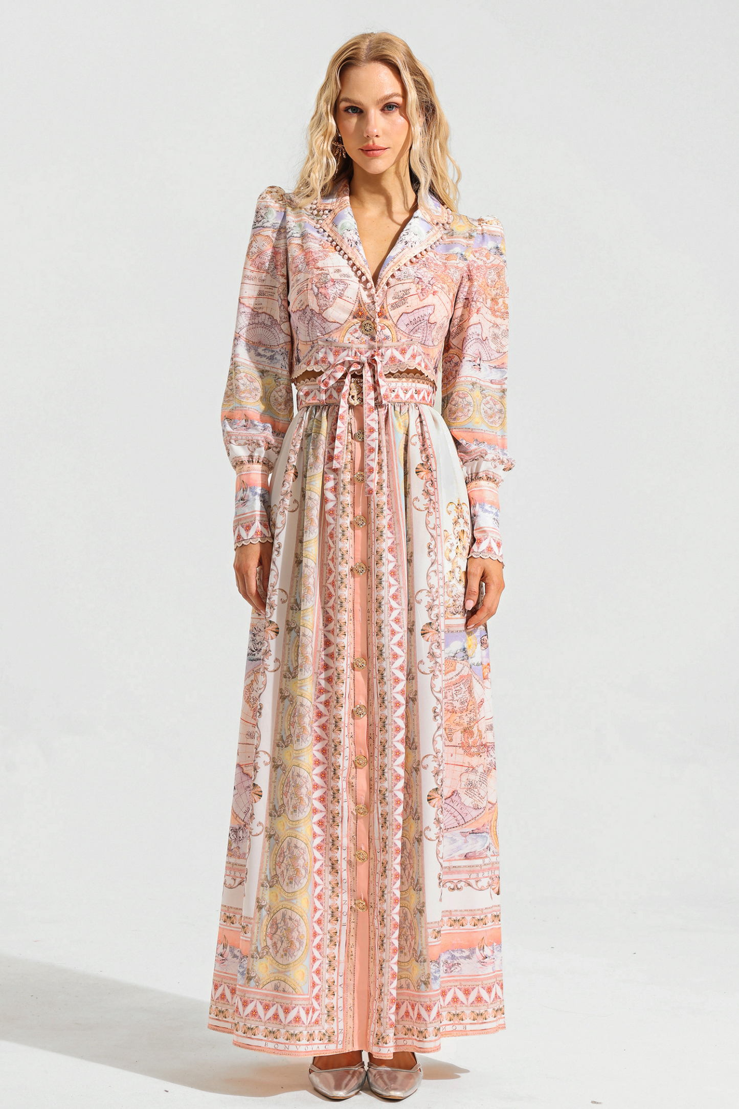 Map Print Lace Puff Sleeve Mini Top ＆ High Waist Maxi Skirt Set