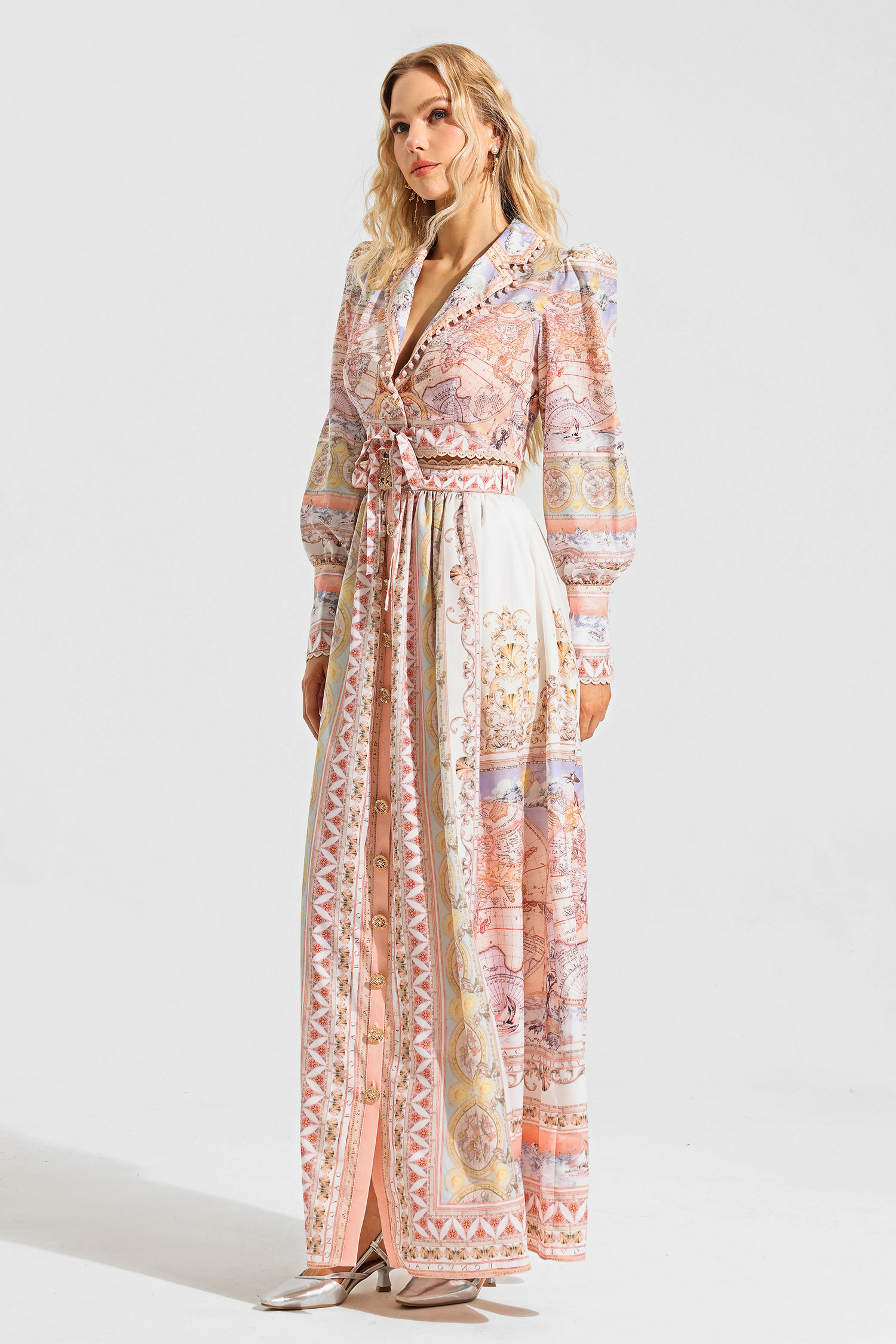 Map Print Lace Puff Sleeve Mini Top ＆ High Waist Maxi Skirt Set