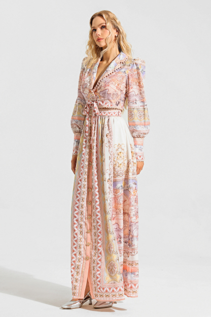 Map Print Lace Puff Sleeve Mini Top ＆ High Waist Maxi Skirt Set