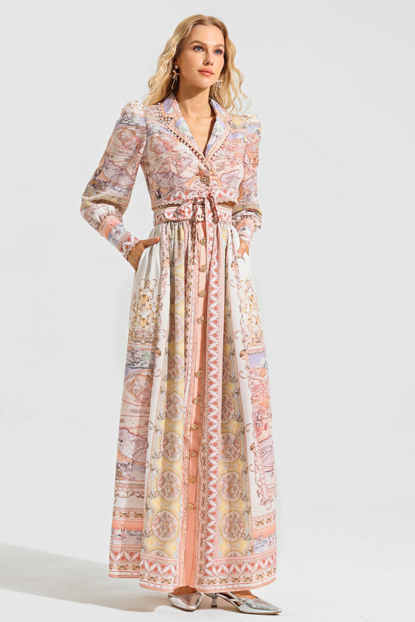 Map Print Lace Puff Sleeve Mini Top ＆ High Waist Maxi Skirt Set