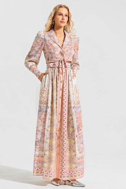 Map Print Lace Puff Sleeve Mini Top ＆ High Waist Maxi Skirt Set