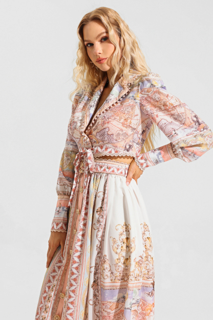 Map Print Lace Puff Sleeve Mini Top ＆ High Waist Maxi Skirt Set