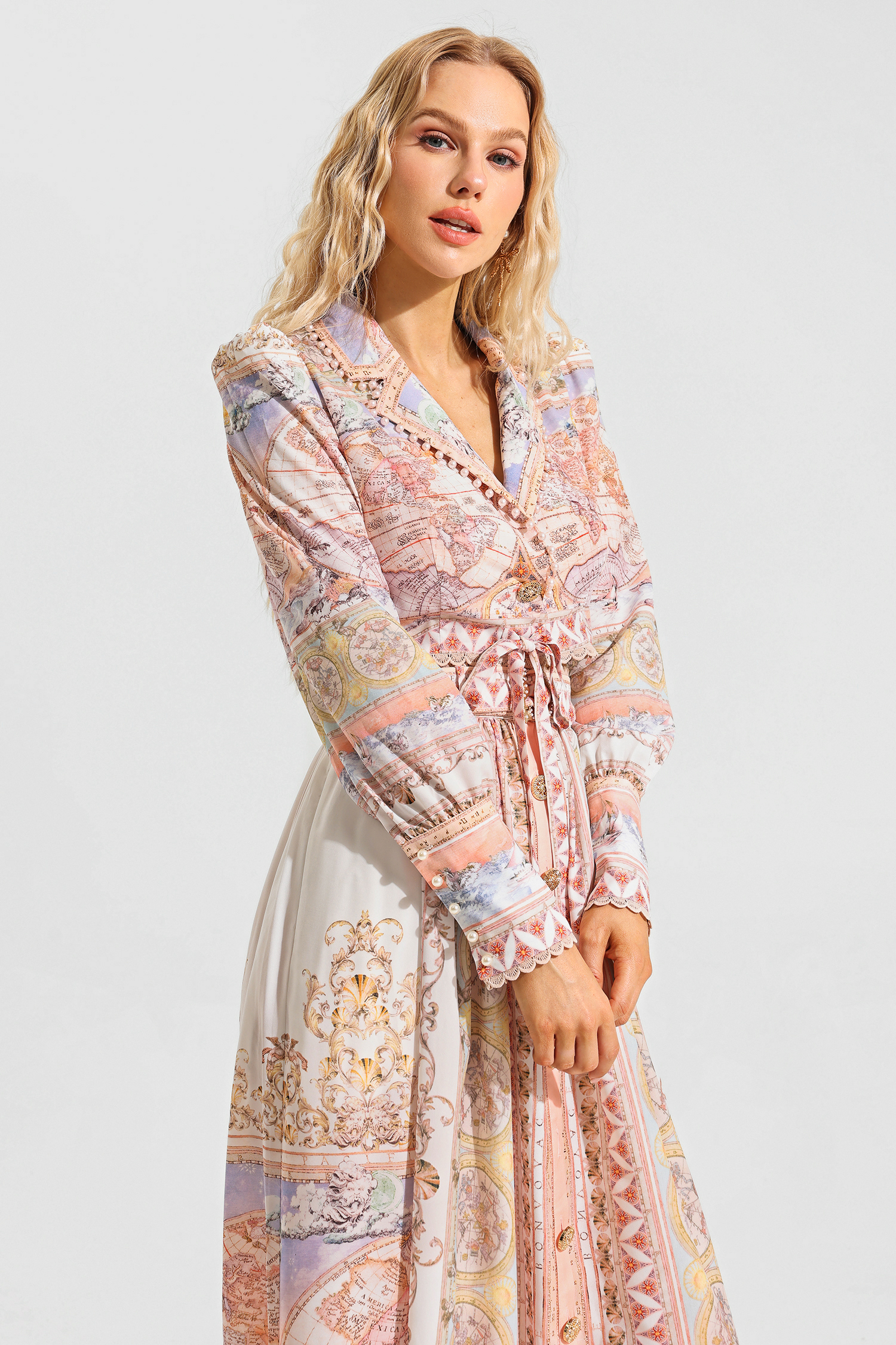 Map Print Lace Puff Sleeve Mini Top ＆ High Waist Maxi Skirt Set