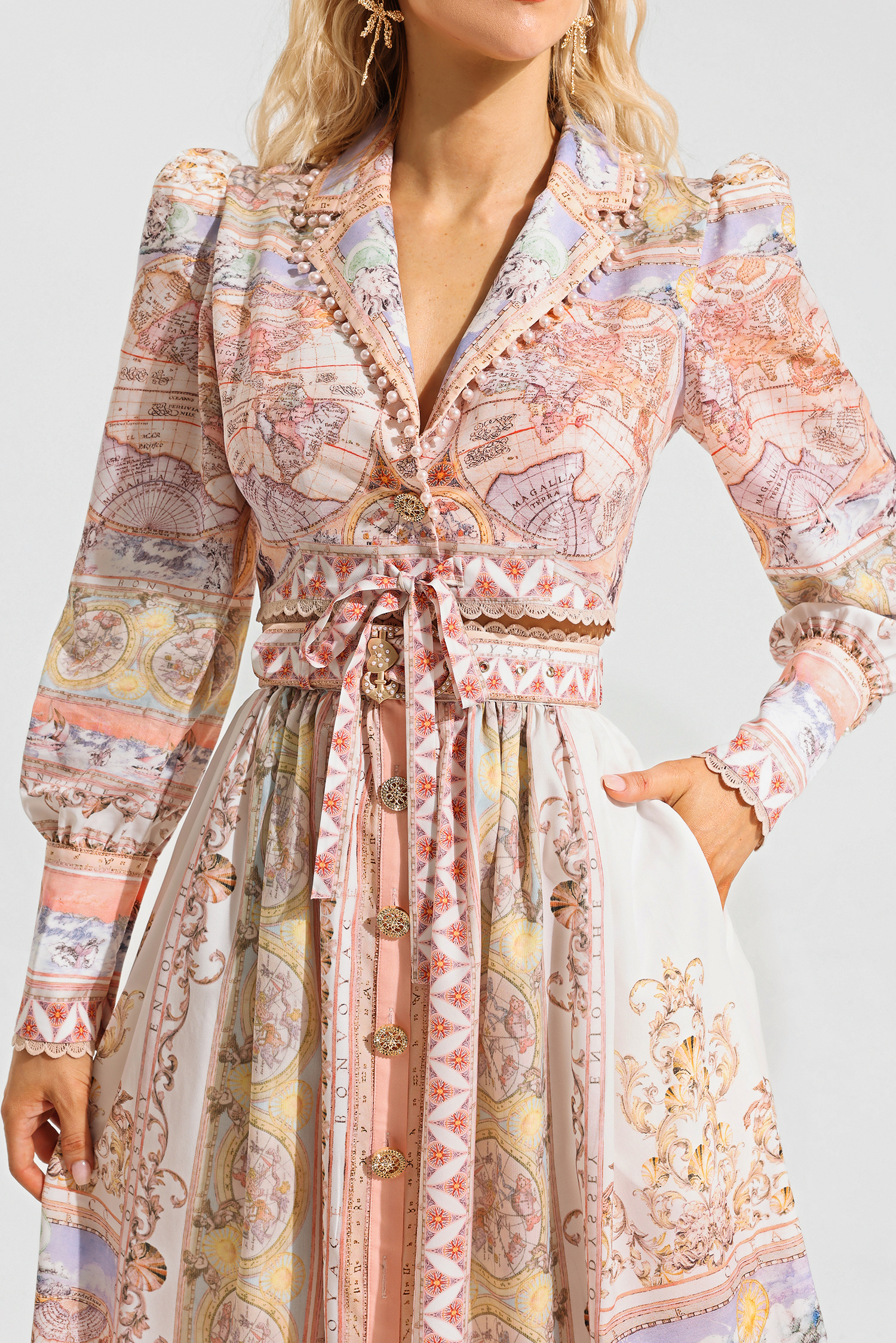 Map Print Lace Puff Sleeve Mini Top ＆ High Waist Maxi Skirt Set