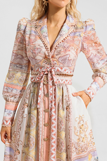 Map Print Lace Puff Sleeve Mini Top ＆ High Waist Maxi Skirt Set