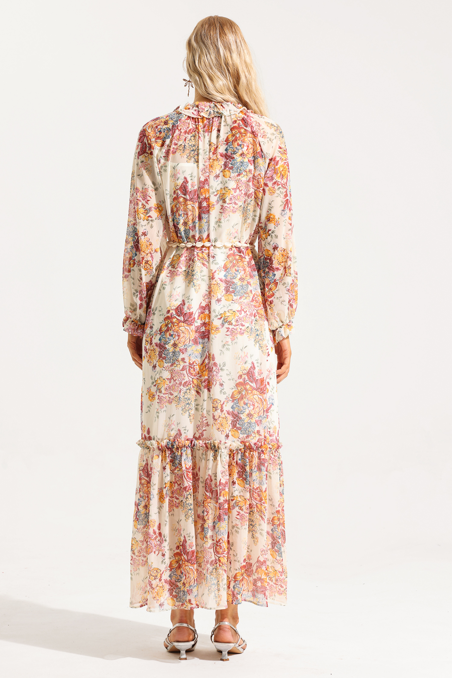 Floral Lantern Sleeve Frill Midi Dress