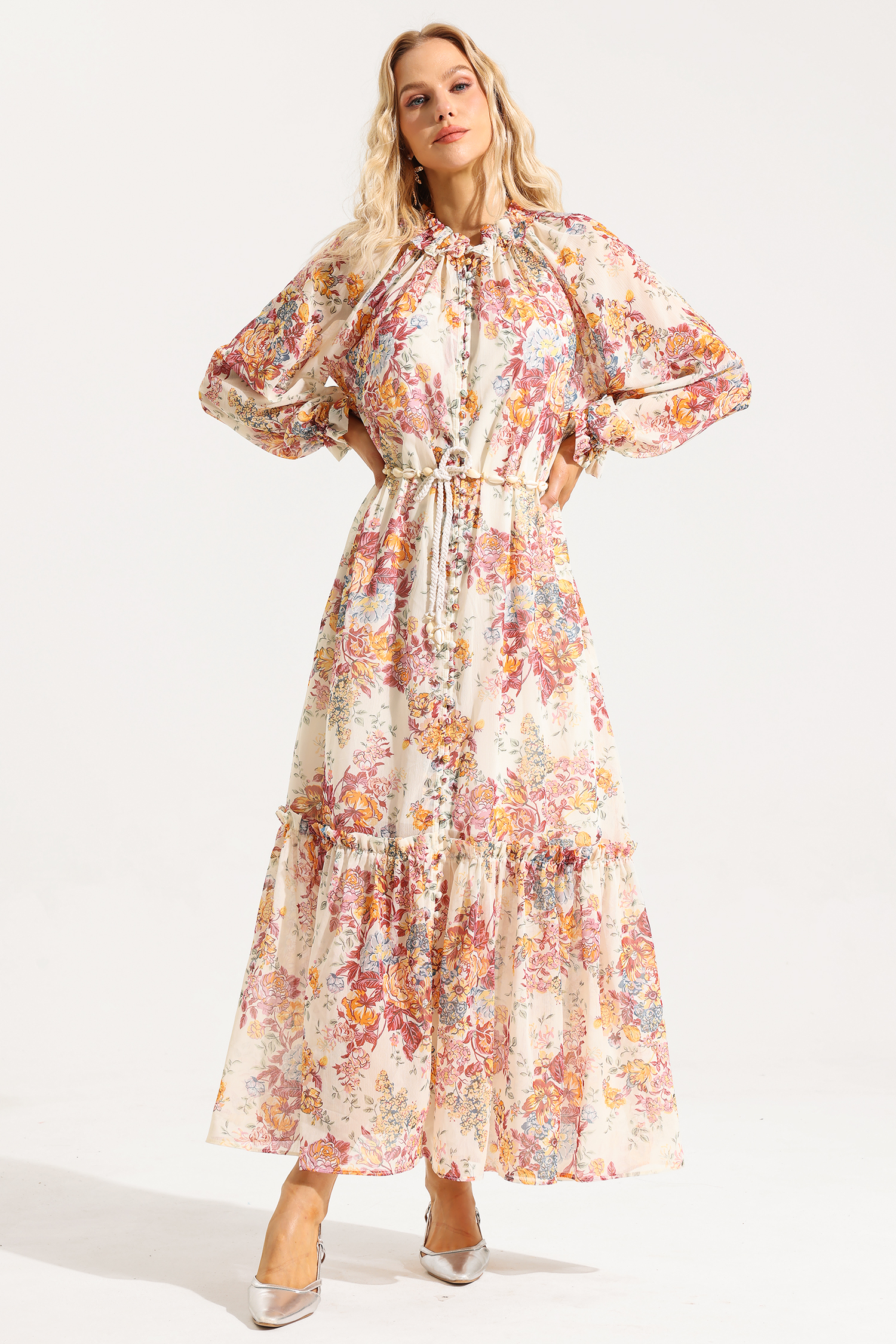 Floral Lantern Sleeve Frill Midi Dress