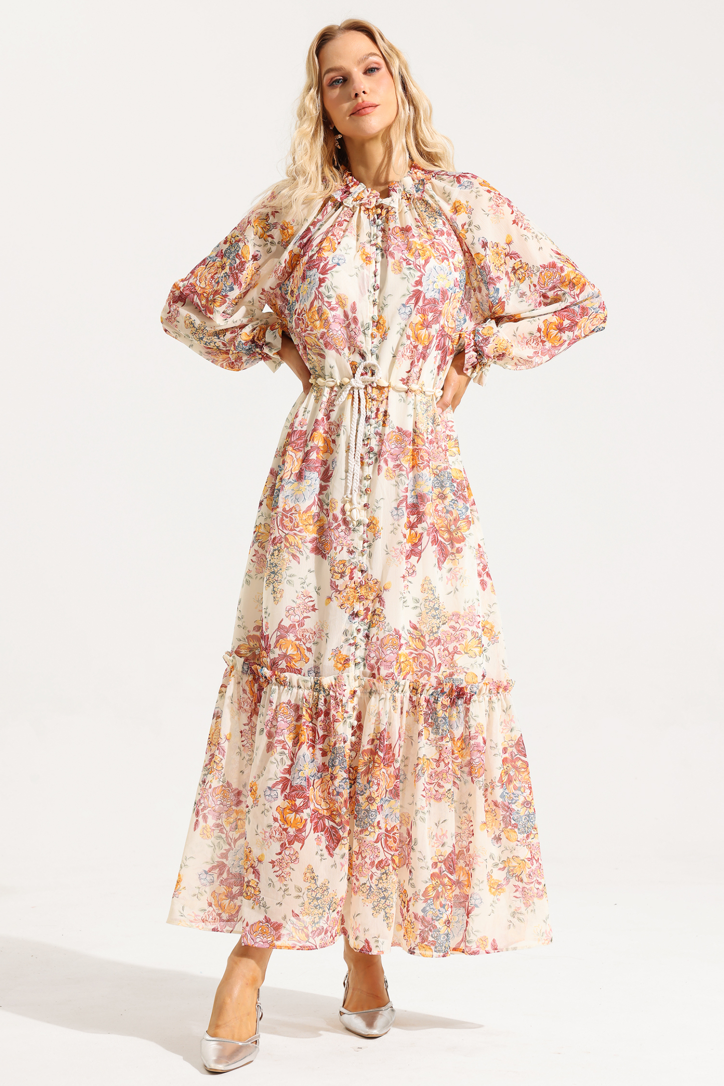 Floral Lantern Sleeve Frill Midi Dress