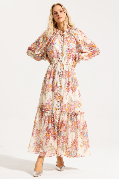 Floral Lantern Sleeve Frill Midi Dress