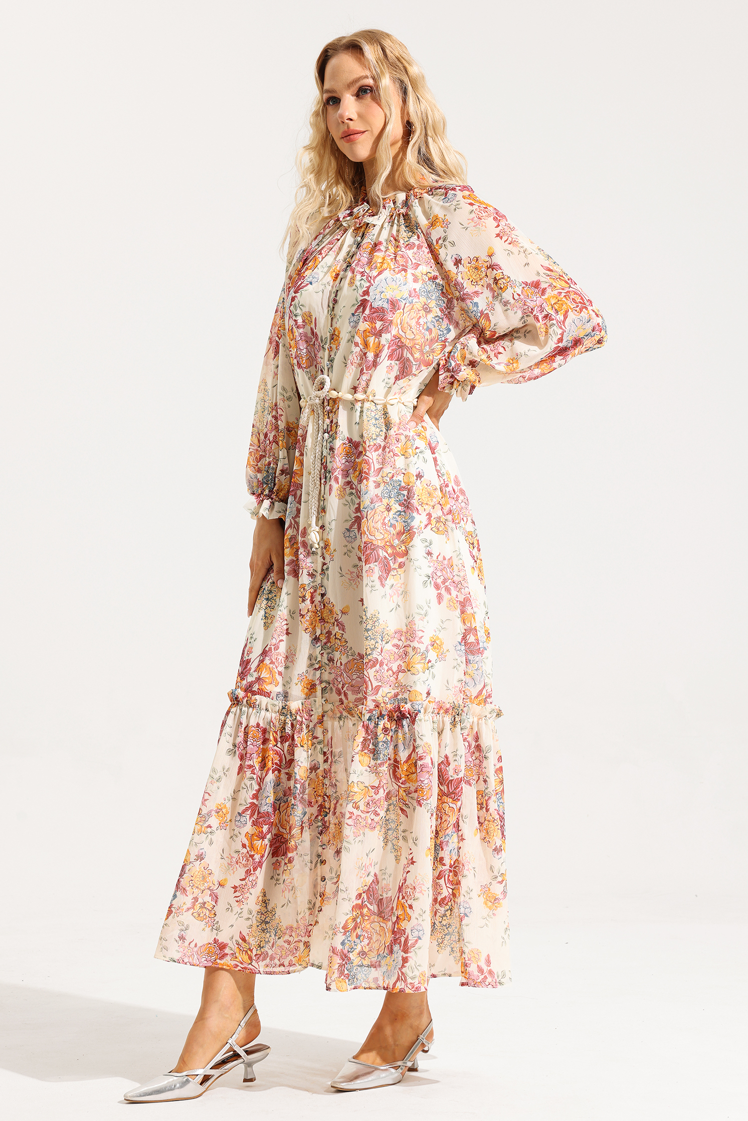 Floral Lantern Sleeve Frill Midi Dress