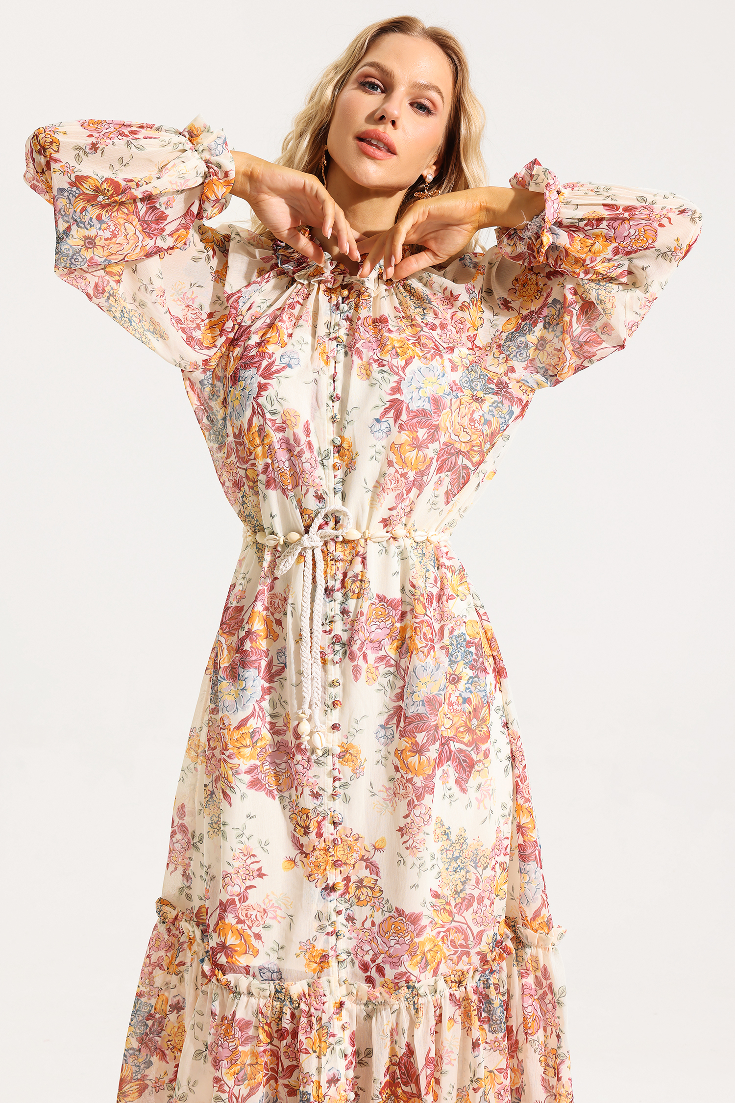 Floral Lantern Sleeve Frill Midi Dress