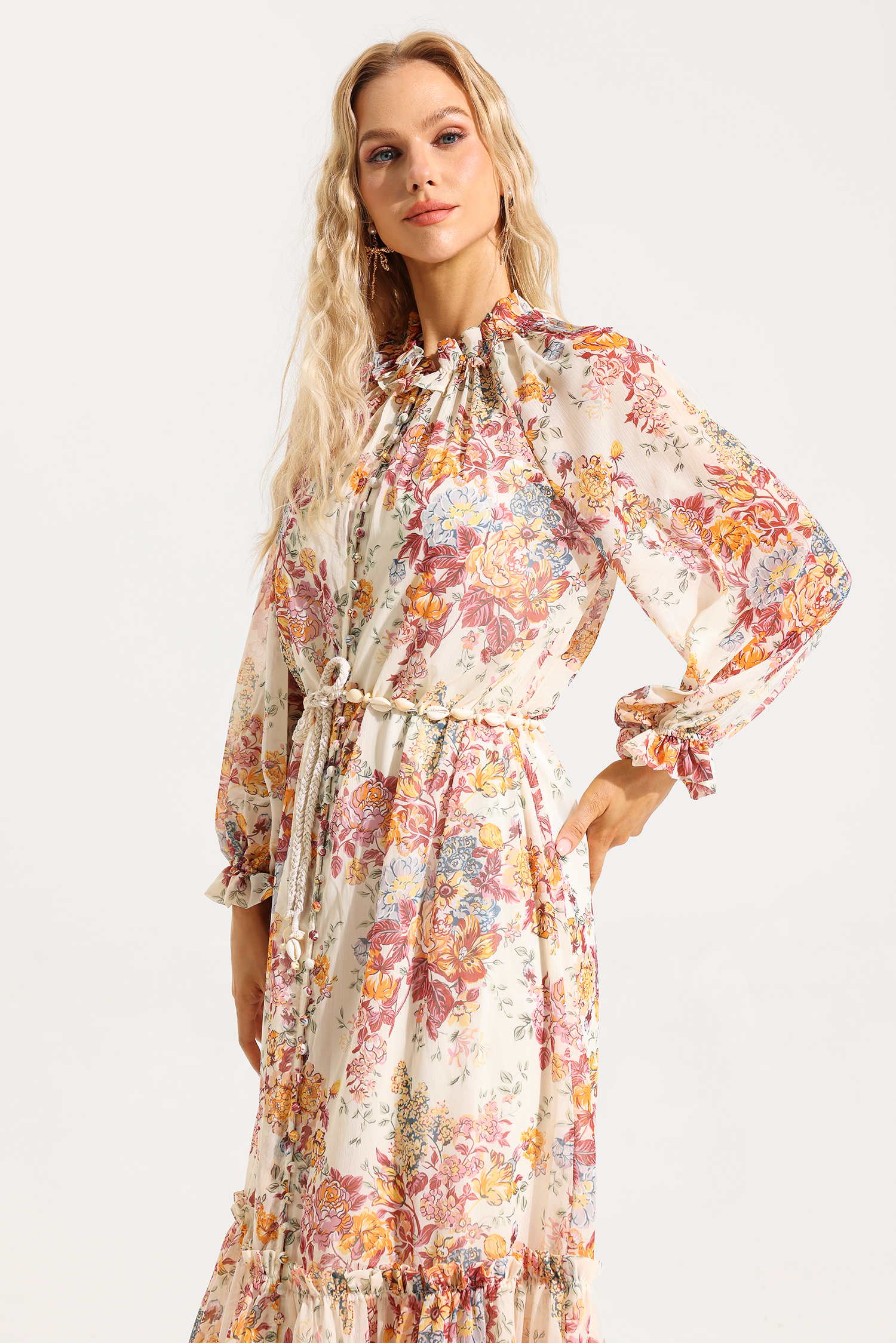 Floral Lantern Sleeve Frill Midi Dress