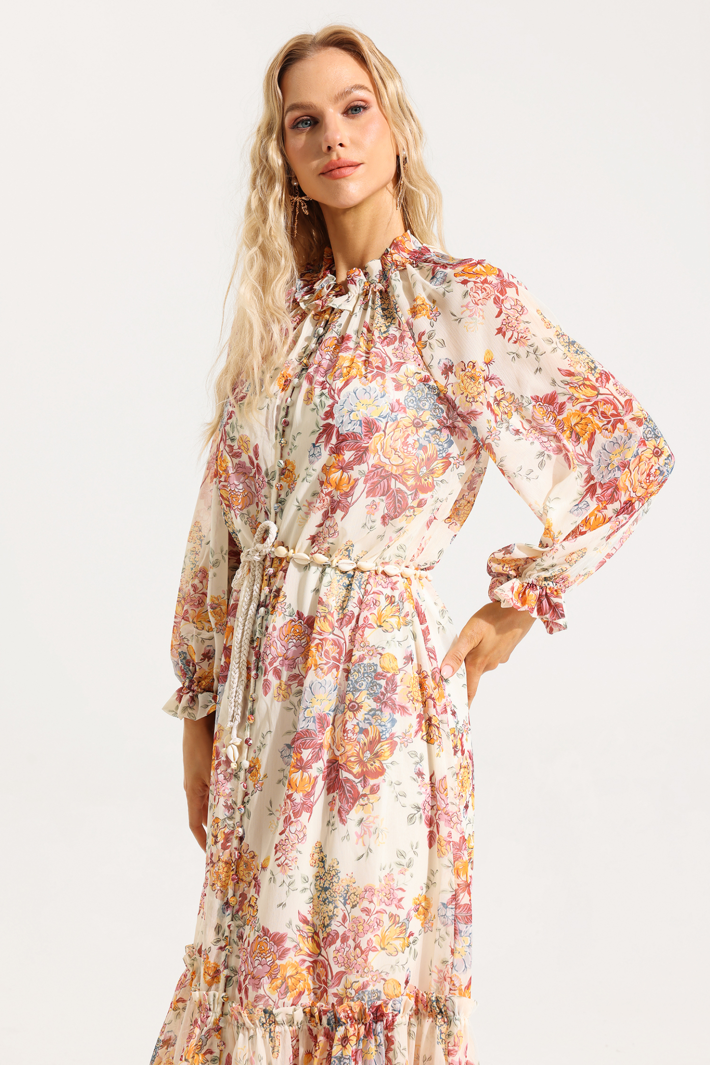 Floral Lantern Sleeve Frill Midi Dress