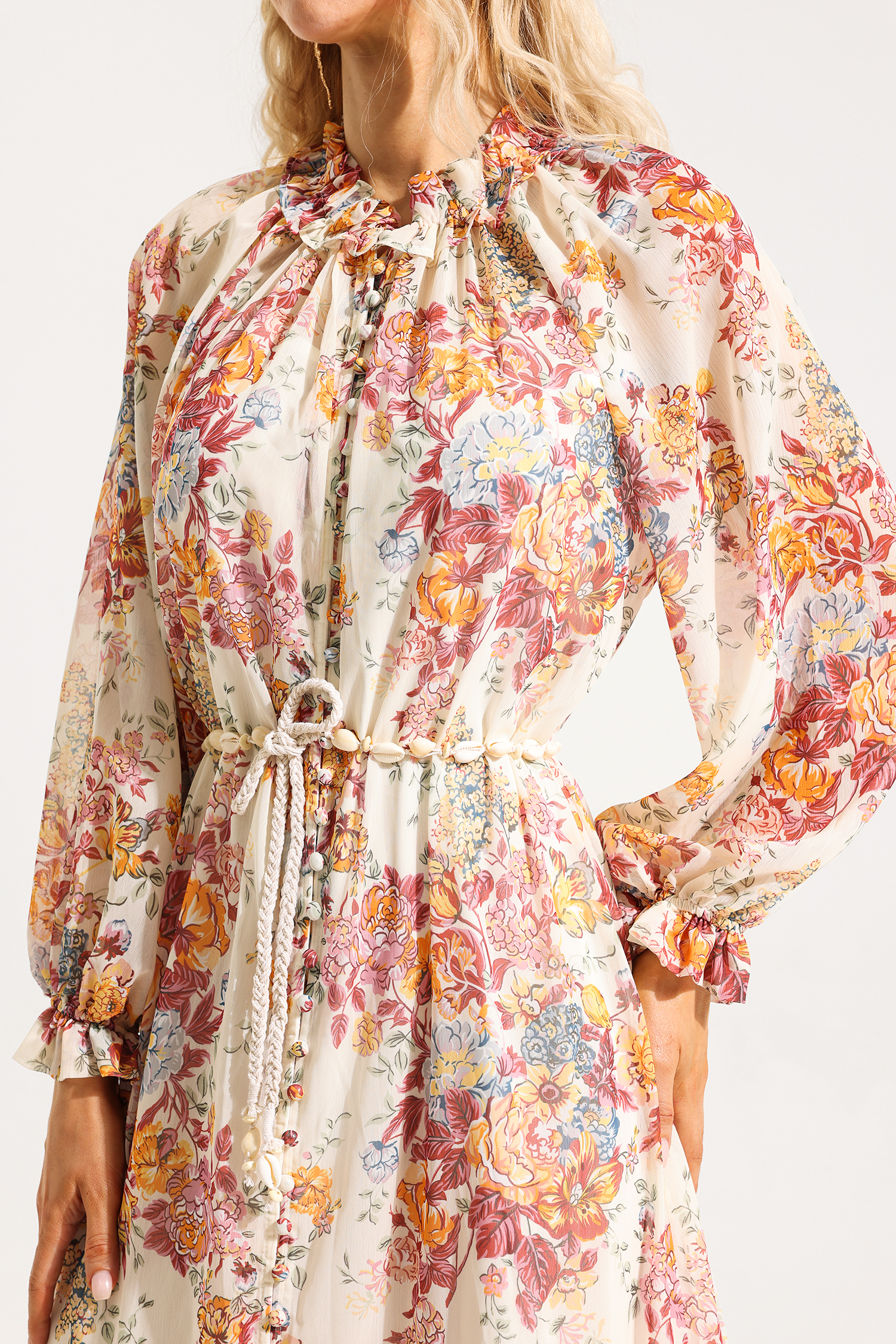 Floral Lantern Sleeve Frill Midi Dress