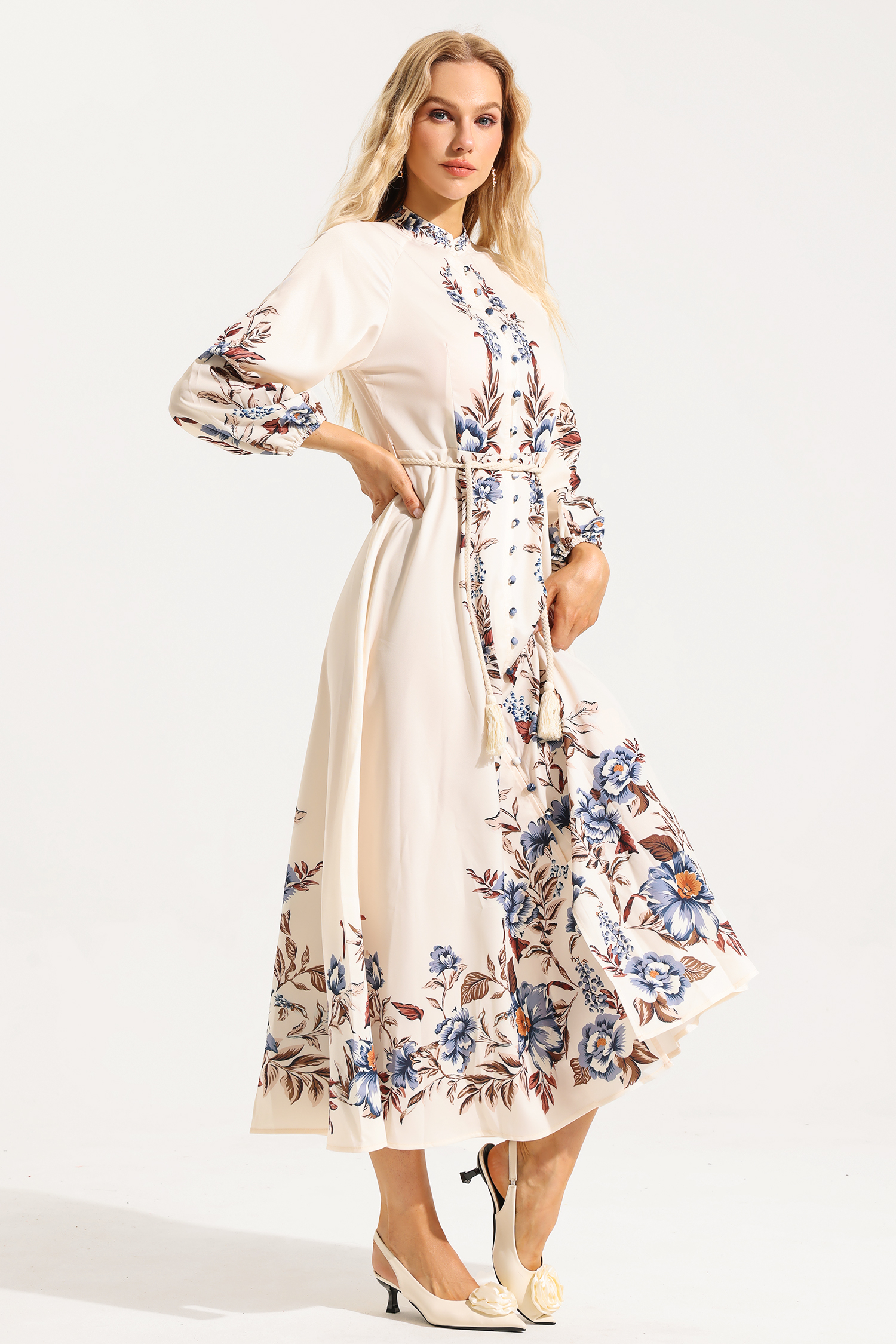 Floral Lantern Sleeve Stand Collar Lace Up Midi Dress