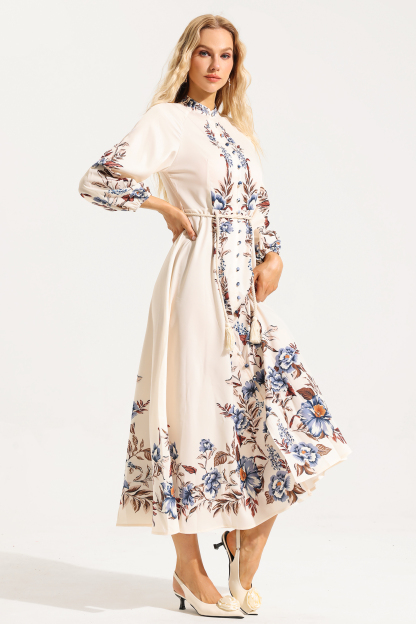 Floral Lantern Sleeve Stand Collar Lace Up Midi Dress