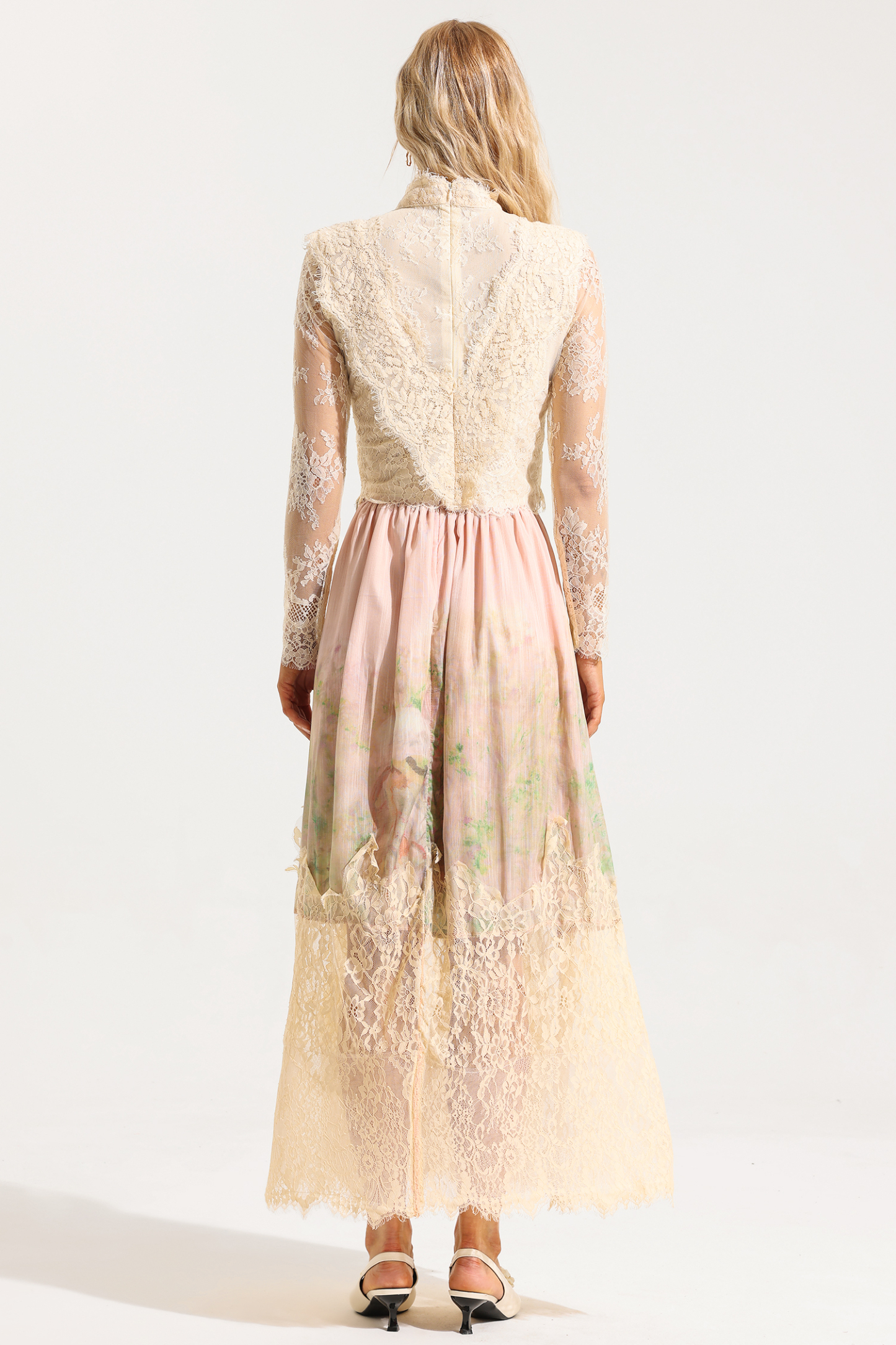 Floral Lace Long Sleeve Top ＆ High Waist Midi Skirt Set