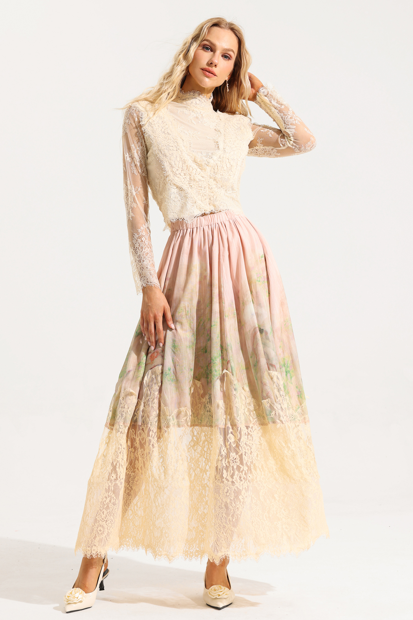 Floral Lace Long Sleeve Top ＆ High Waist Midi Skirt Set